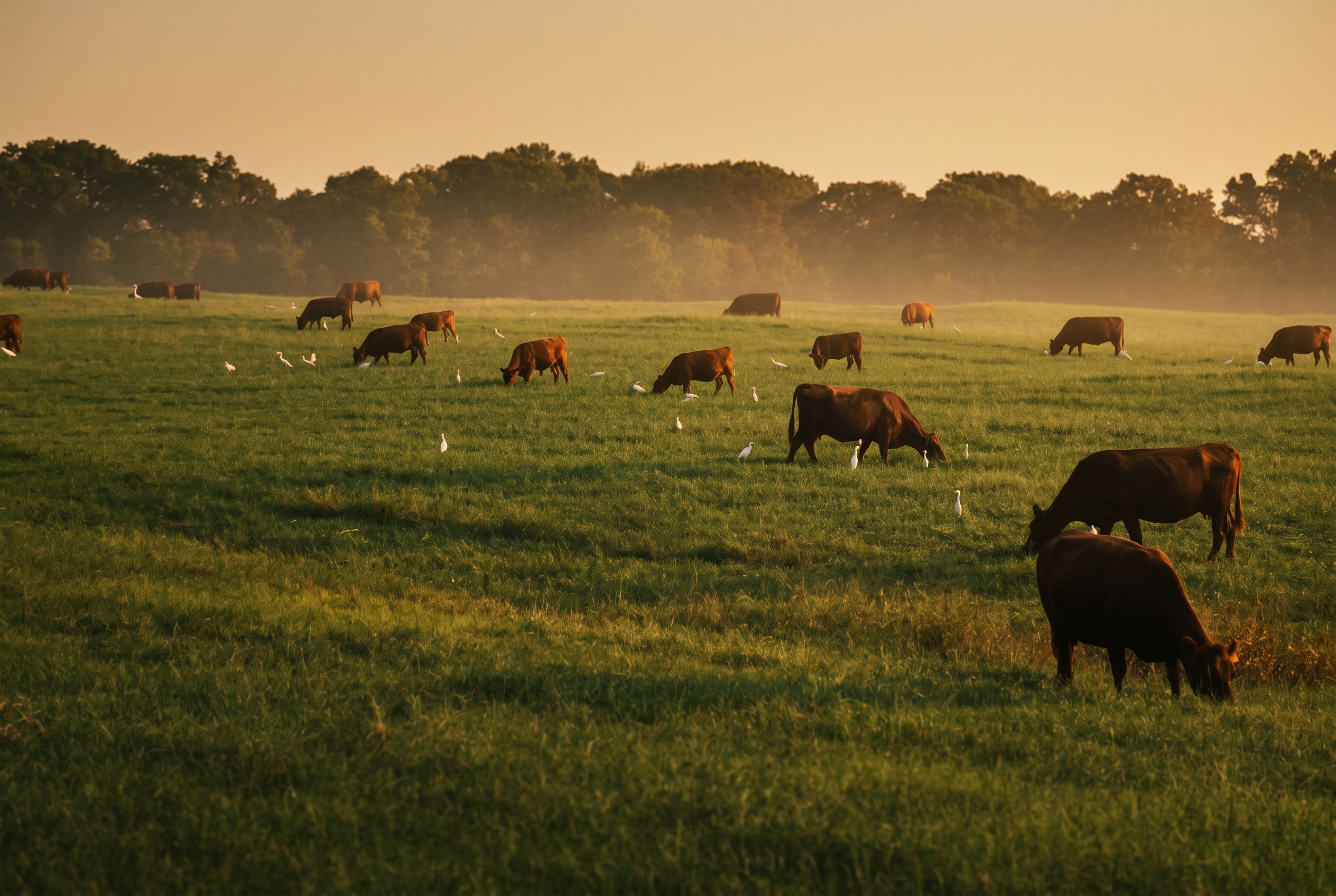 Cattle grazing across an open Northeast Texas pasture at golden hour, framed by post-oak trees and a soft, painterly sky.